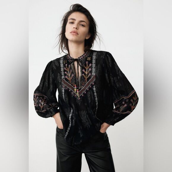 ZARA EMBROIDERED JACQUARD BLOUSE - Picture 2 of 14